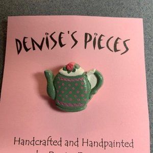 Tea Pot Pin Brooch Green Pink Flower Dots White Plaster Handmade Hand Painted